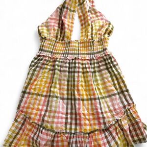 NWT Aerie size S pink and yellow plaid halter dress with ruffles and tie back